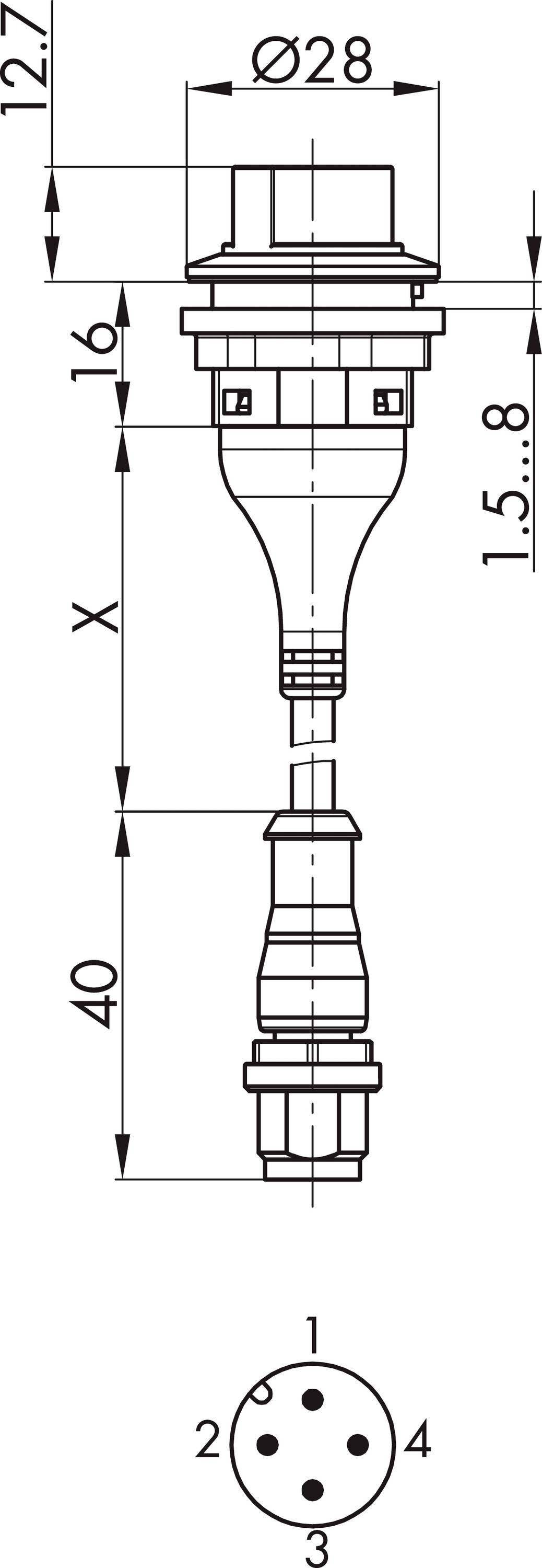 Technische Zeichnung eines elektrischen Steckverbinders, zeigt Maße und Pinbelegung. Symmetrisches Design mit Abmessungen in Millimetern.