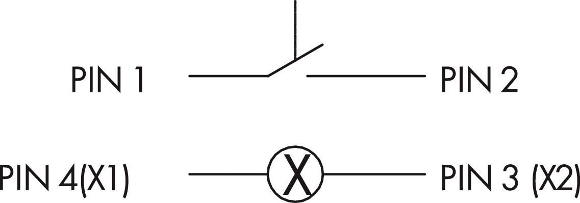 Schaltsymbol zeigt einen Kippschalter: Pin 1 ist mit Pin 2 verbunden. Pin 4 ist mit Pin 3 verbunden. X1 und X2 sind markiert.
