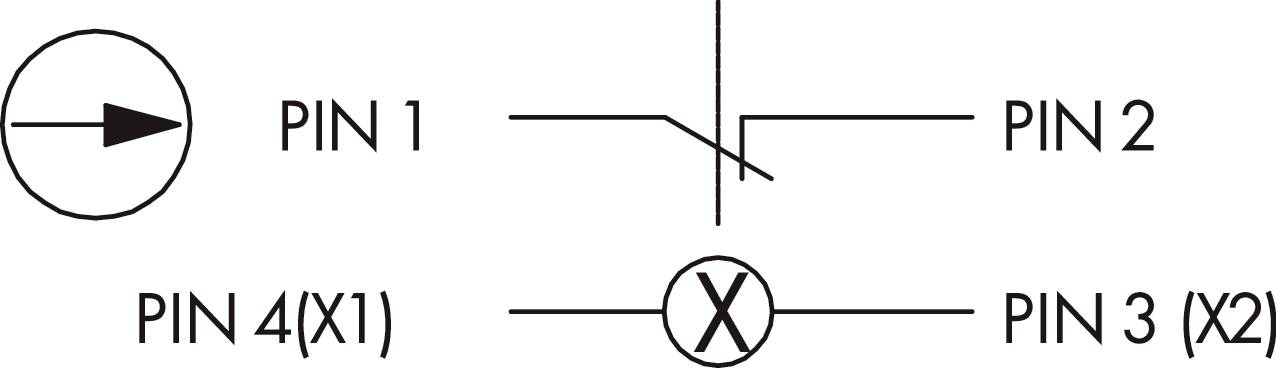 Schaltplan zeigt einen Diode, einen einfachen Schalter und eine Kreuzverbindung, beschriftet mit 'Pin 1', 'Pin 2', 'Pin 3 (X2)', 'Pin 4 (X1)'.