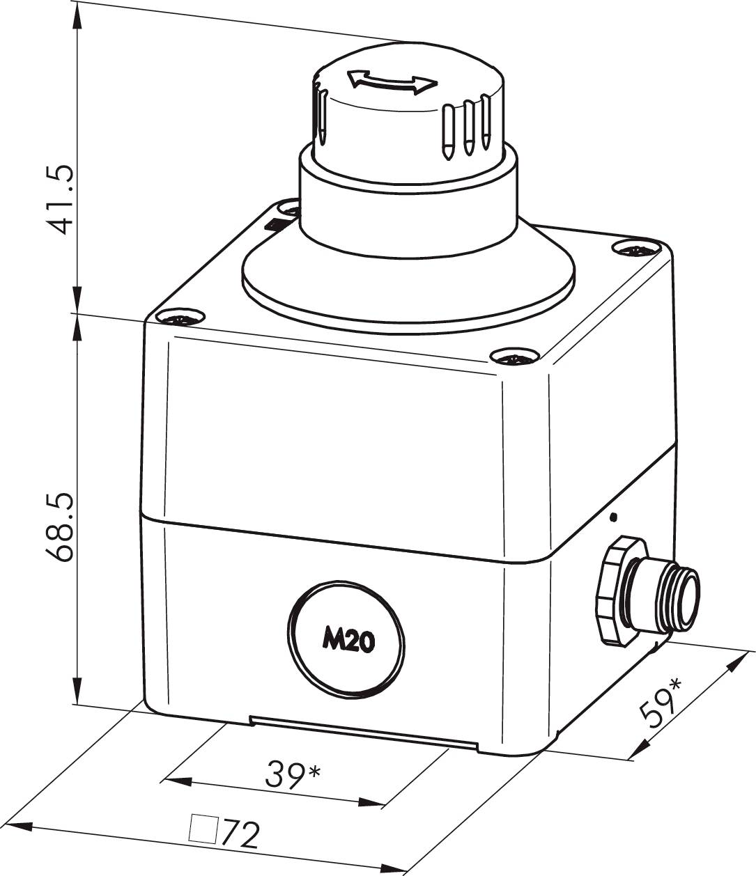 Technische Zeichnung eines rechteckigen Geräts mit Drehknopf oben. Maße: Höhe 68,5 mm, Länge 72 mm, Breite 59 mm. M20 Anschluss.