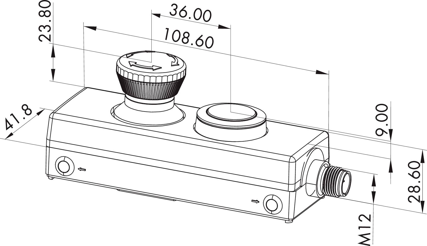 Technische Zeichnung eines rechteckigen Geräts mit Drehknopf und Anschlüssen. Maße: 108,60 mm Breite, 41,80 mm Höhe.