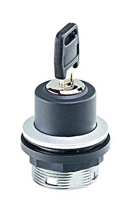 Ein schwarzes Metallschloss mit einem silbernen Ring und einem eingesteckten Schlüssel. Es ist für Sicherheitsvorrichtungen geeignet.