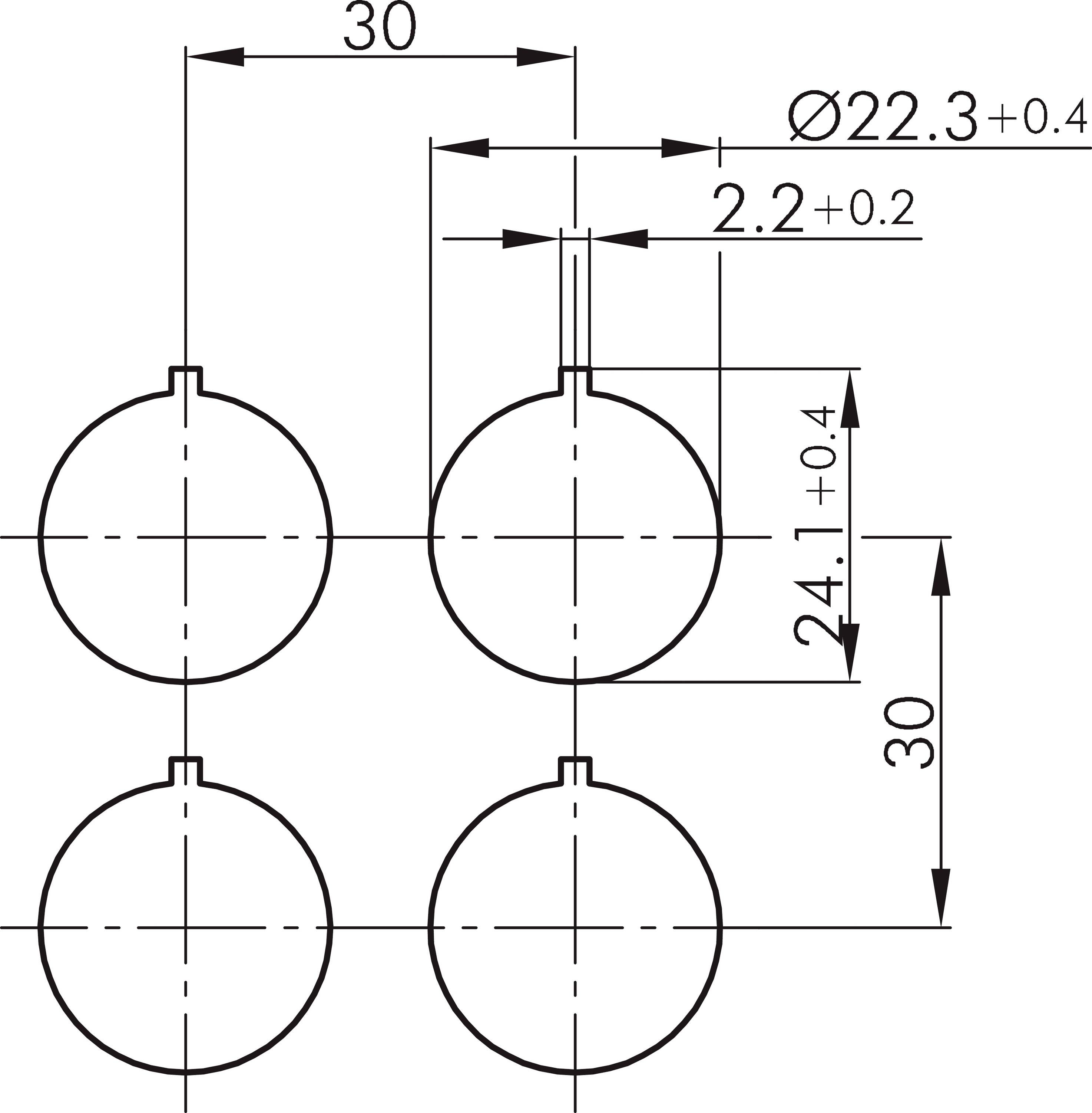 Technische Zeichnung mit vier identischen kreisförmigen Objekten im Abstand von 30 mm. Durchmesser 22,3 mm, Lochgröße 2,2 mm.