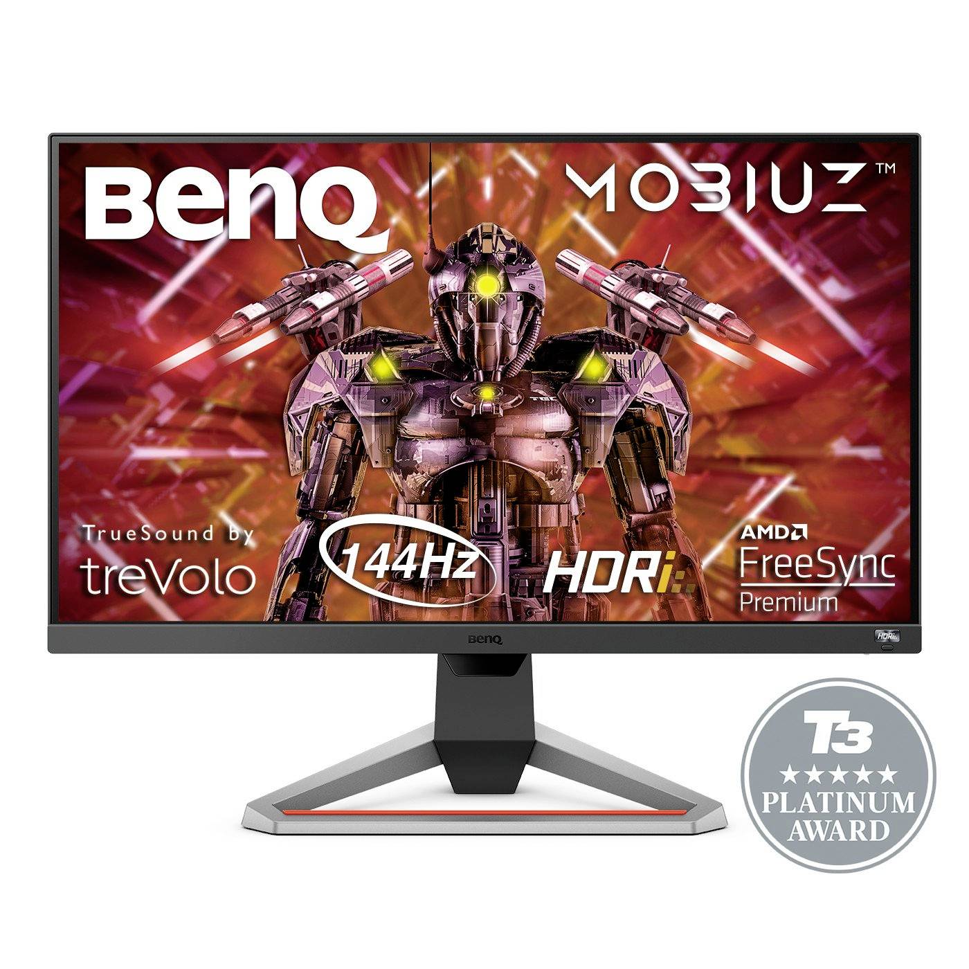 Ein Gaming-Monitor von BenQ mit Robotermotiv auf dem Bildschirm. Auszeichnungen: 144Hz, HDRi, AMD FreeSync Premium, T3 Platinum Award.
