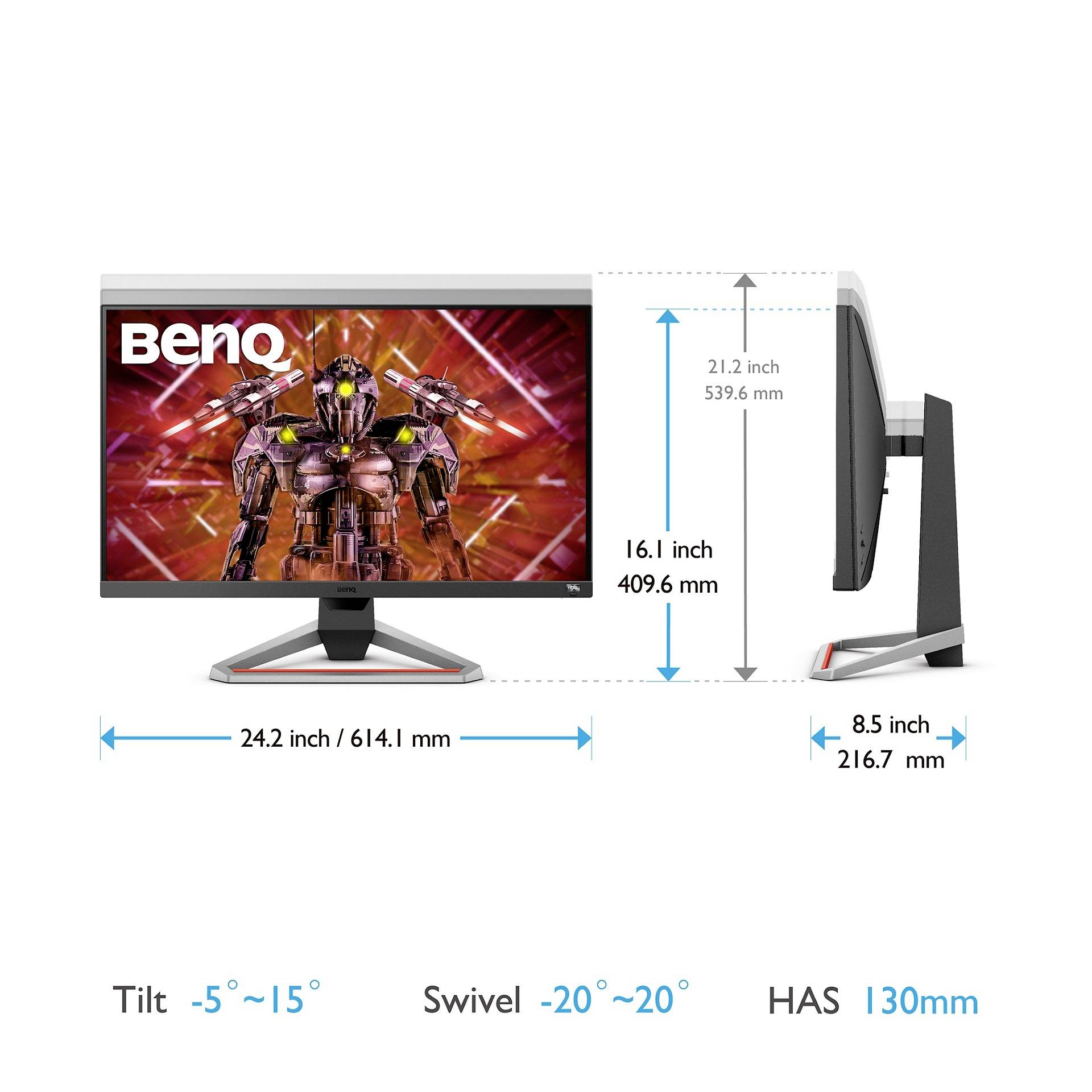 BenQ-Monitor mit Roboter auf dem Bildschirm. Maße: Breite 61,4 cm, Höhe 53,6 cm, Tiefe 21,6 cm. Neigung -5° bis 15°, Drehung -20° bis 20°, Höhenverstellung 130 mm.