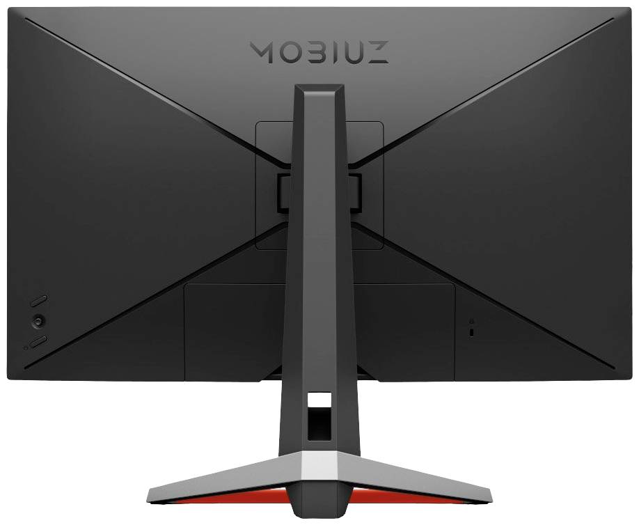 Rückseite eines MOBIUZ-Monitors mit zentralem Standfuß, mehreren Anschlüssen und einem modernen Design.