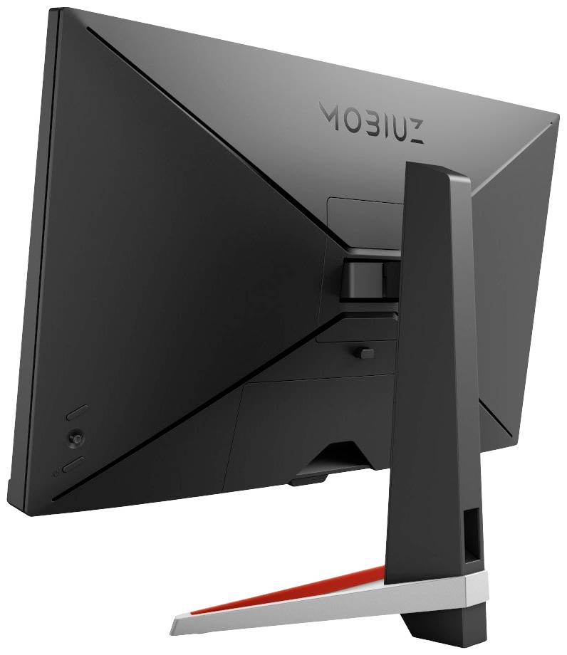 Ein schwarzer Computermonitor von hinten, auf einem stabilen Ständer. Modell 'MOBIUZ' ist auf der Rückseite sichtbar.