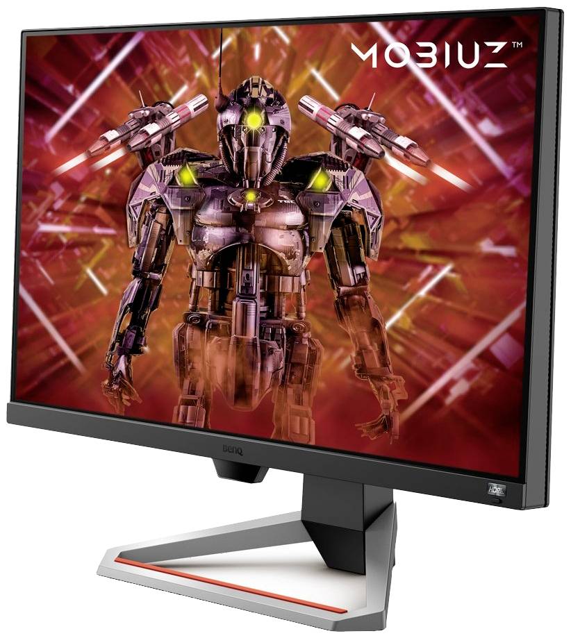 Ein Gaming-Monitor zeigt ein futuristisches Roboter-Design mit leuchtenden Akzenten vor einem neonroten Hintergrund.