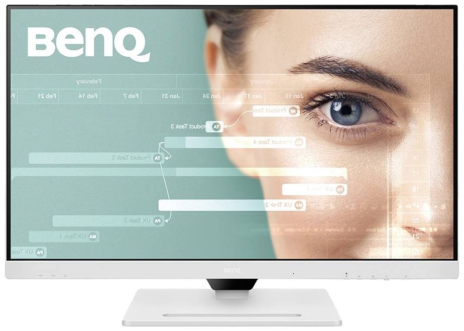 Ein Monitor mit halb transparentem Interface zeigt das Gesicht einer Frau mit Fokus auf ihr Auge. Oben links ist das Logo 'BenQ'.