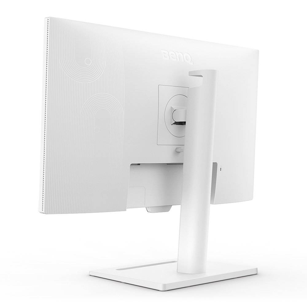 Ein weißer Computermonitor von hinten, platziert auf einem quadratischen Standfuß. Der Bildschirm ist leicht geneigt.