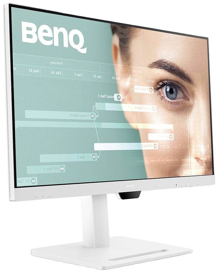 Ein weißer BenQ-Monitor zeigt eine Frauenhälfte eines Gesichts und ein Bildschirm mit UI-Elementen.