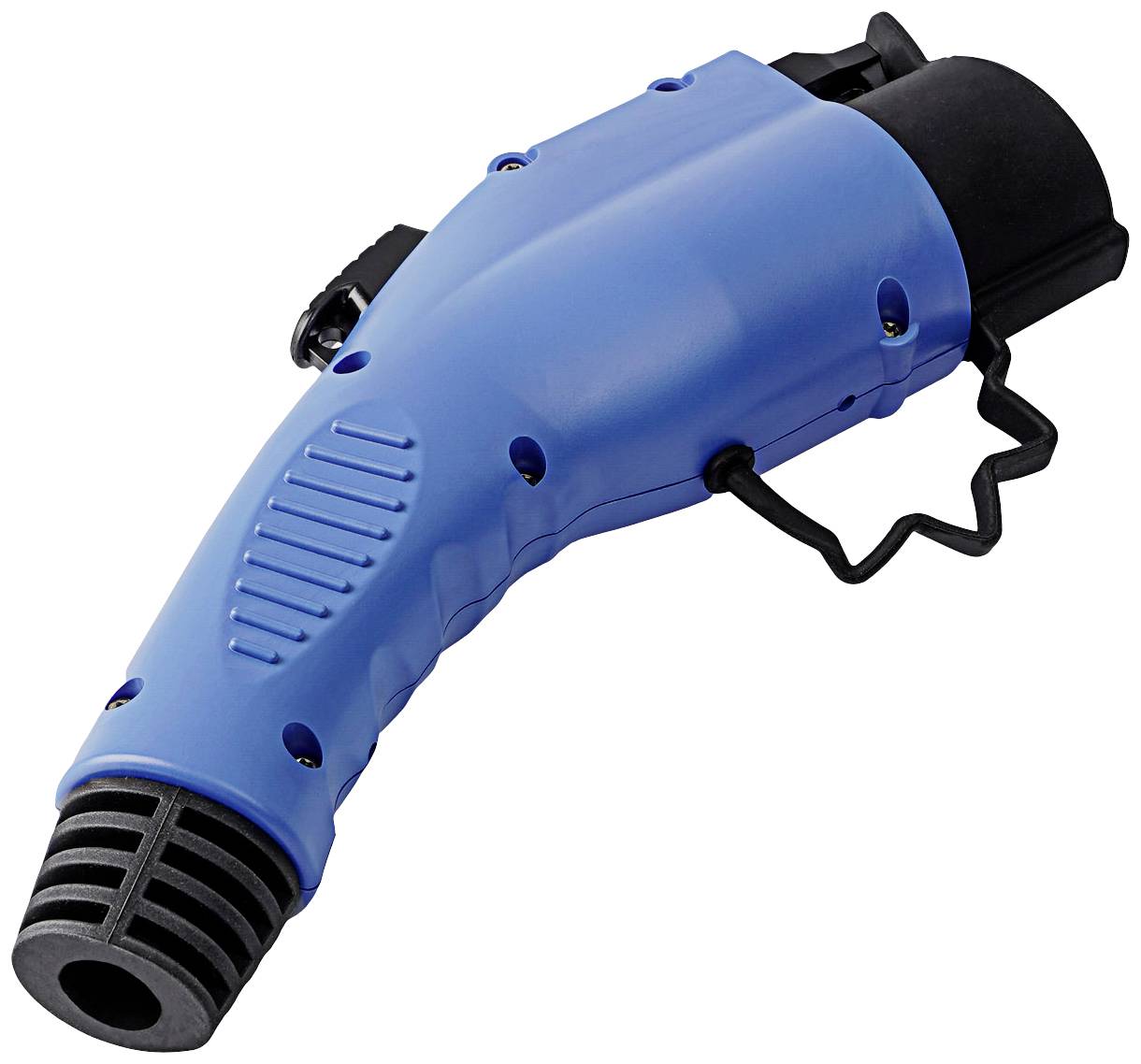 Ein blauer, gebogener Ladestecker für Elektrofahrzeuge mit schwarzer Anschlussstelle und Kabelhalterung.