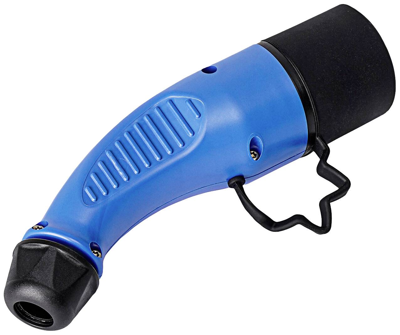 Blauer Elektrowerkzeug-Griff mit ergonomischem Design und schwarzer Schutzhülle.