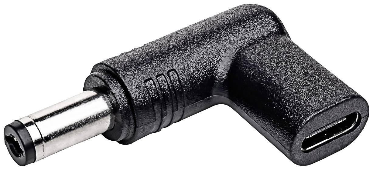 Schwarzer Winkeladapter mit Hohlstecker und USB-C-Buchse