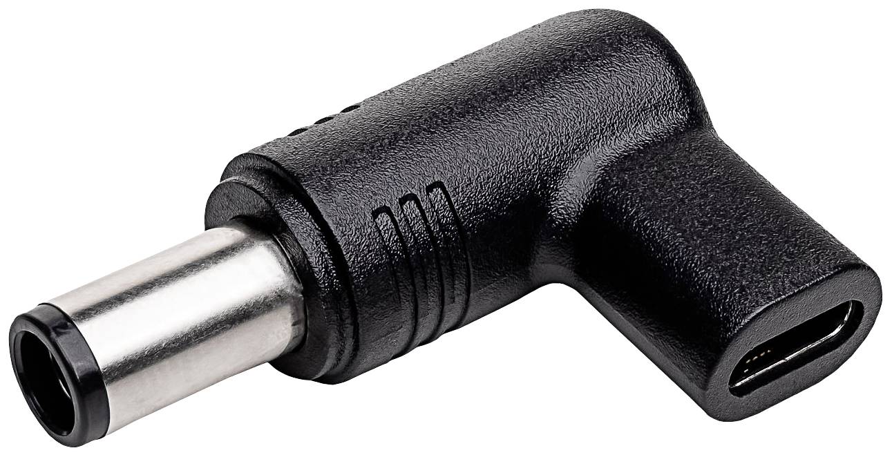 Ein schwarzer, abgewinkelter Adapter mit einem zylindrischen Metallstecker auf der einen Seite und einem USB-C-Anschluss auf der anderen.