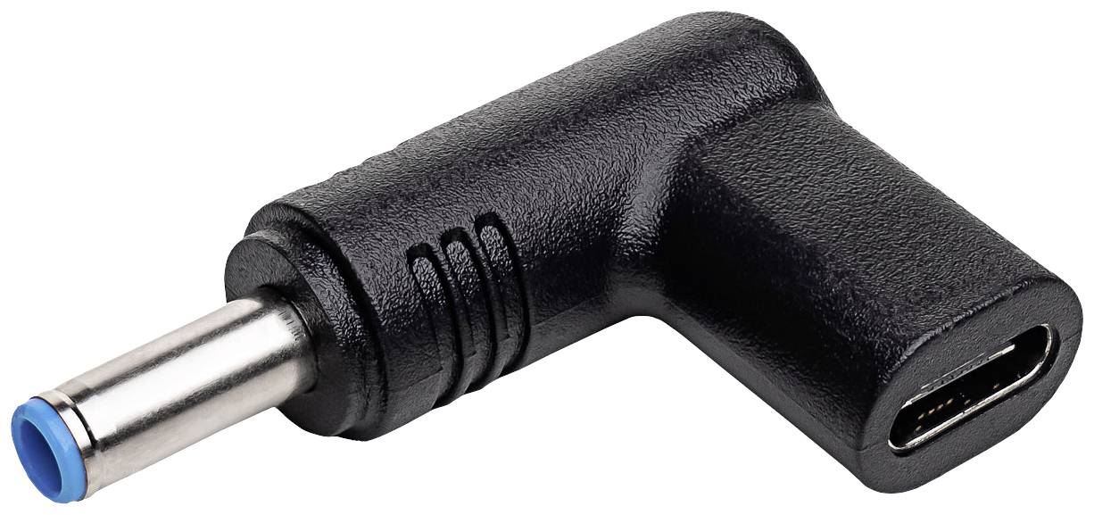 Schwarzer 90-Grad-Adapter mit einem USB-C-Anschluss auf der einen Seite und einem Hohlstecker auf der anderen, für Ladevorgänge.