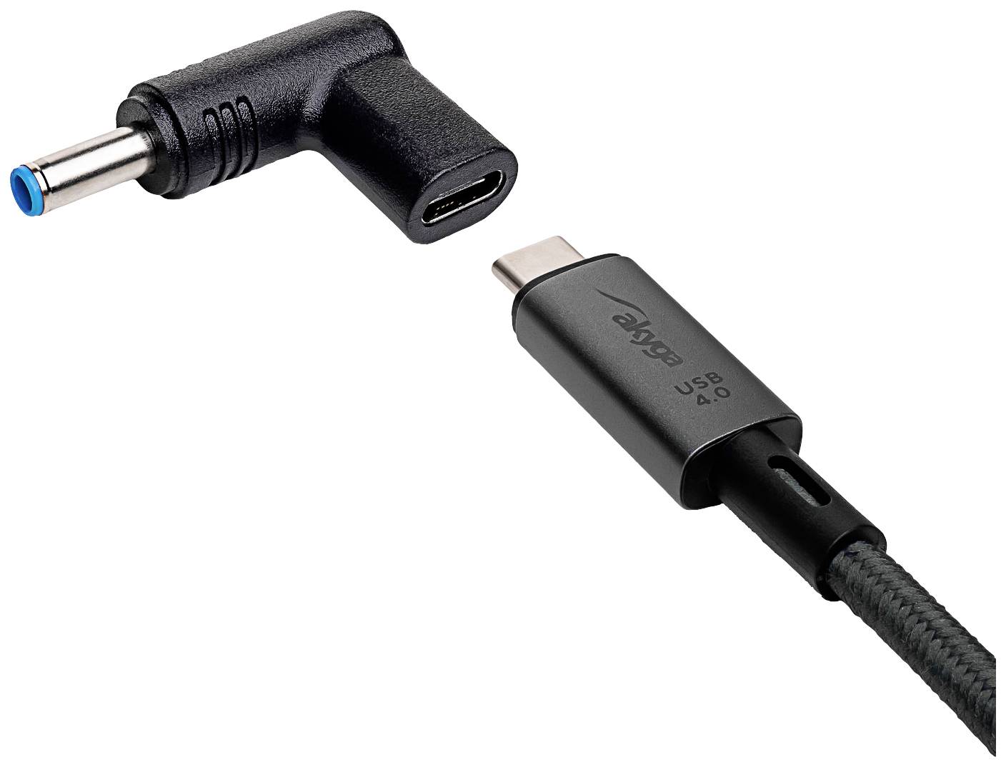 Ein rechtwinkliger Adapter mit einem USB-C-Anschluss und einem DC-Stecker, geeignet für den Anschluss an verschiedene Geräte.