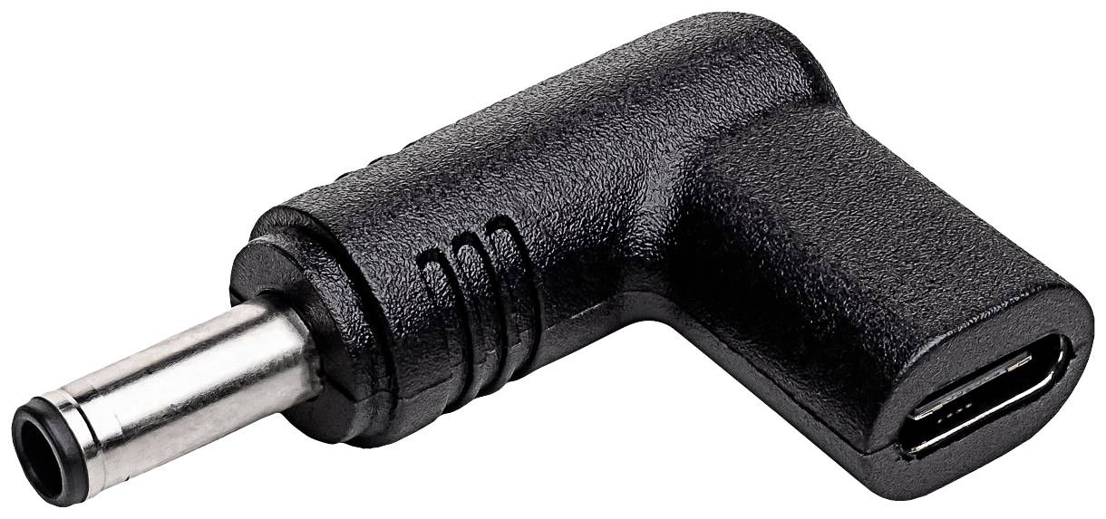 Abgebildet ist ein schwarzer Winkelsteckeradapter mit Metallspitze, geeignet für elektronische Geräte.