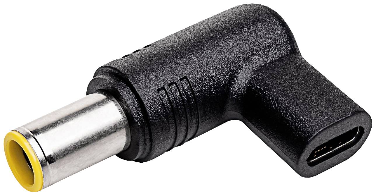 Ein Adapter: Gelber runder Stecker, schwarzes Gehäuse, L-Form. Verbindet runde Netzteile mit USB-Geräten.