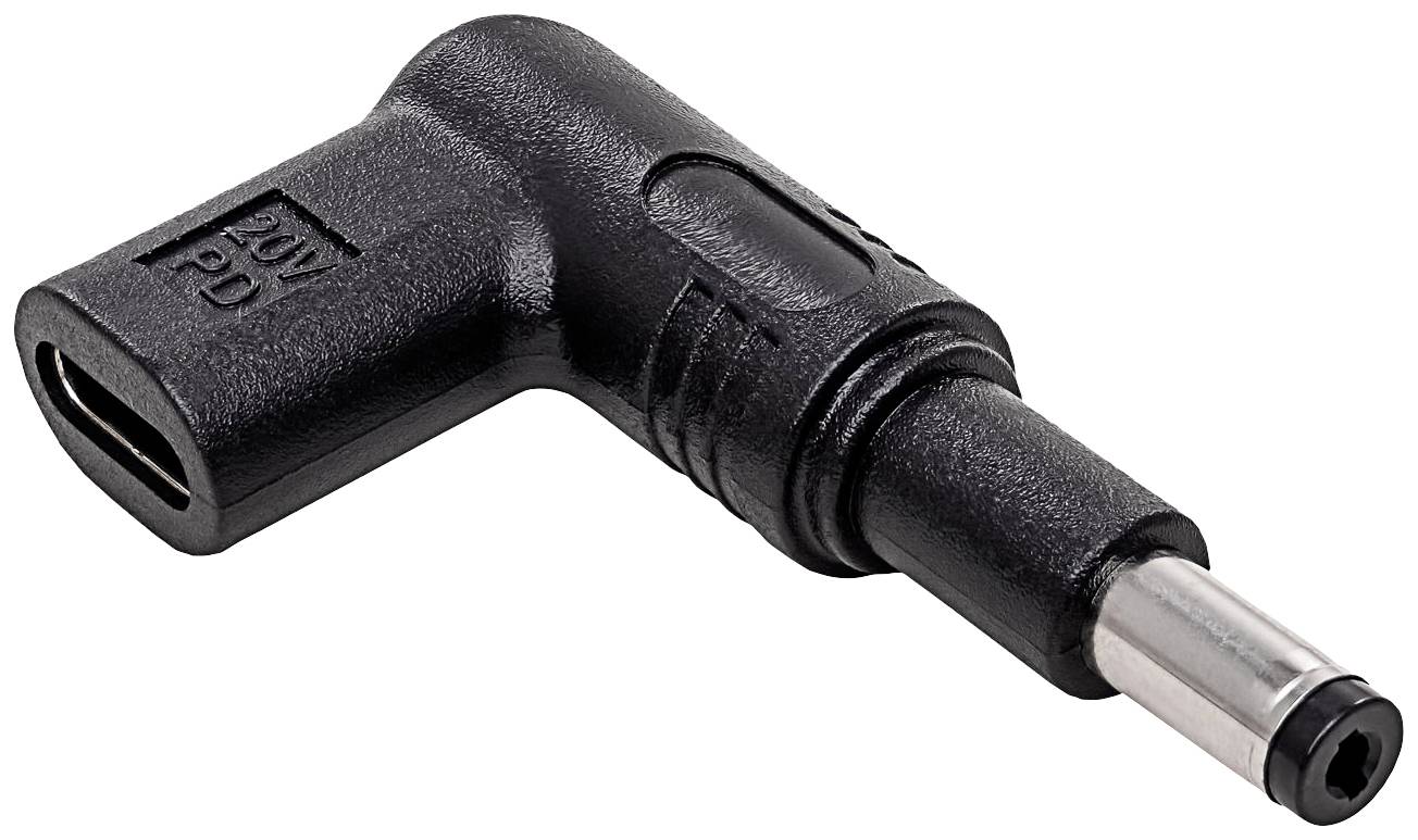 Schwarzer 90-Grad-Gleichstromadapter mit abgewinkeltem Verbindungsstück, verwendet für den Anschluss von Netzteilen an Geräte.