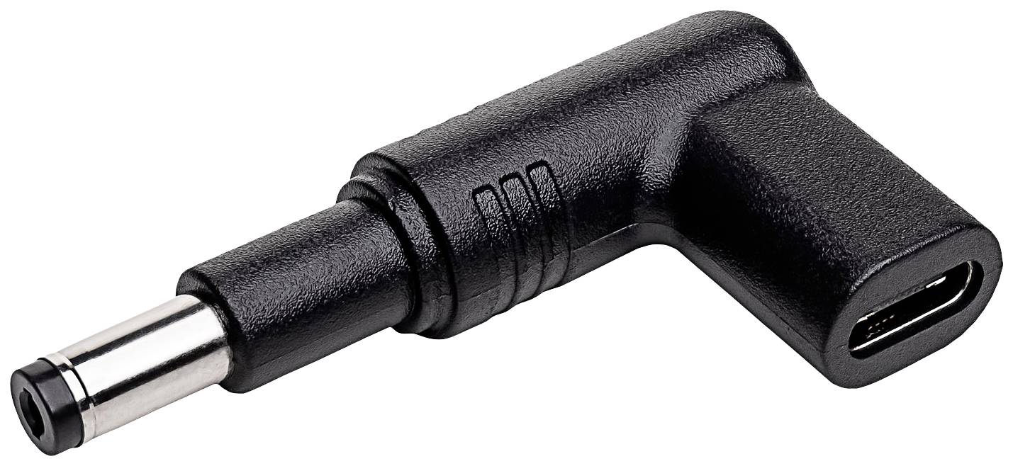 Ein schwarzer, abgewinkelter Stromadapter mit einem runden und einem USB-C-Anschluss.