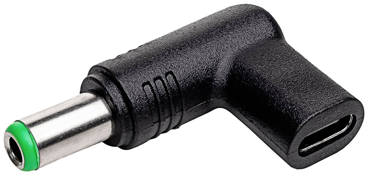 Ein schwarzer Adapterstecker mit einem USB-C-Anschluss auf der einen Seite und einem grünen Rundstecker auf der anderen Seite.