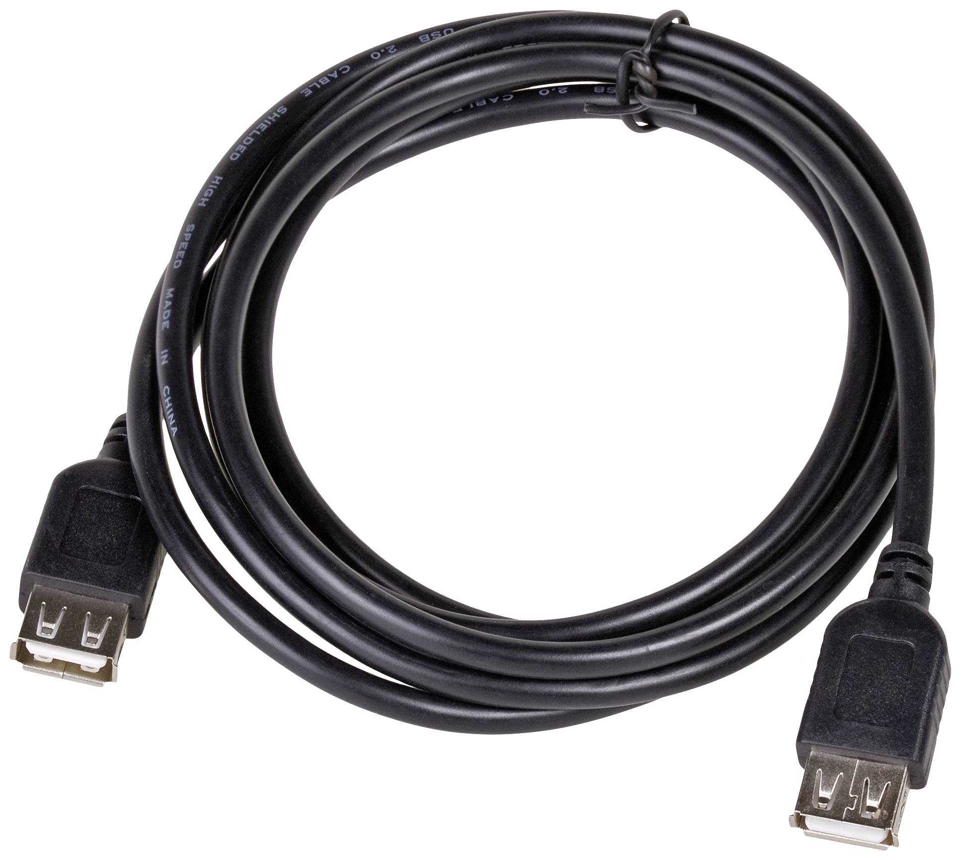 Ein schwarzes USB-Verlängerungskabel mit zwei Buchsen, das zur Verbindung von USB-Geräten verwendet wird.