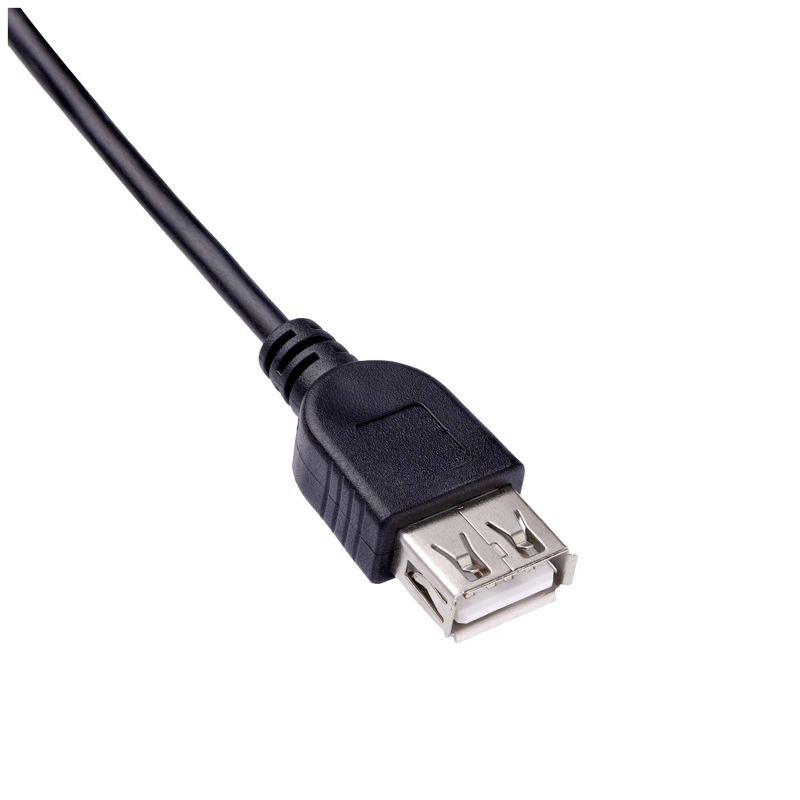 Schwarzes USB-Kabel mit rechteckigem Anschluss, isoliert vor weißem Hintergrund.