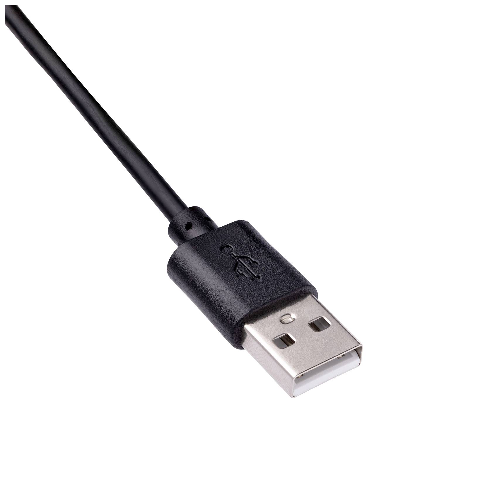 Schwarzes USB-Kabel mit einem standardmäßigen USB-A-Stecker, zeigt die obere Metallseite und das darauf geprägte USB-Symbol.