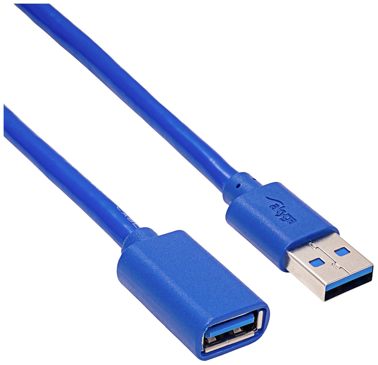 USB-Verlängerungskabel in Blau mit einem männlichen und einem weiblichen Anschluss, geeignet zum Verbinden von USB-Geräten.