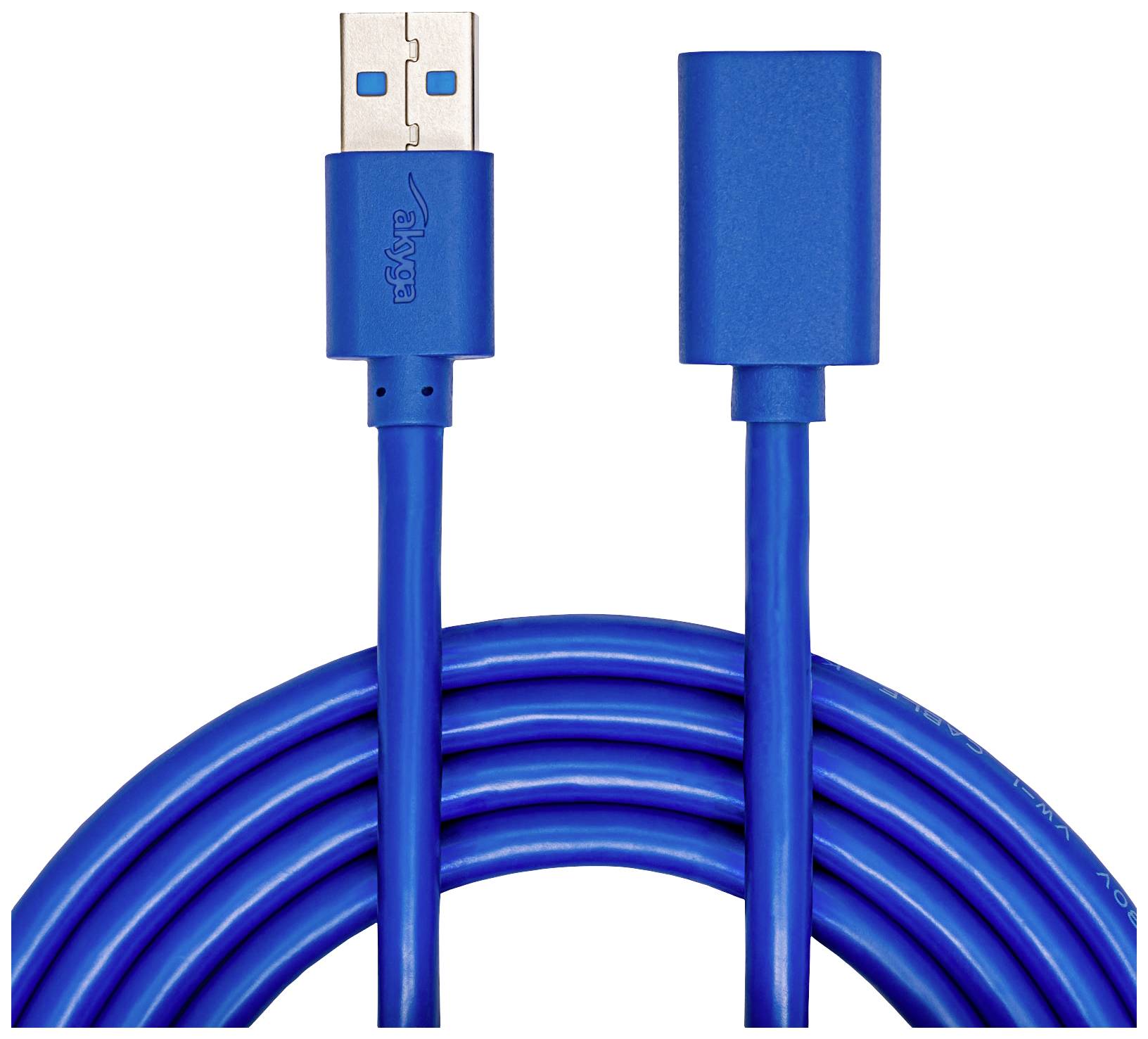 Blaues USB-Verlängerungskabel mit einem männlichen und einem weiblichen Anschluss, aufgerollt in der Mitte.