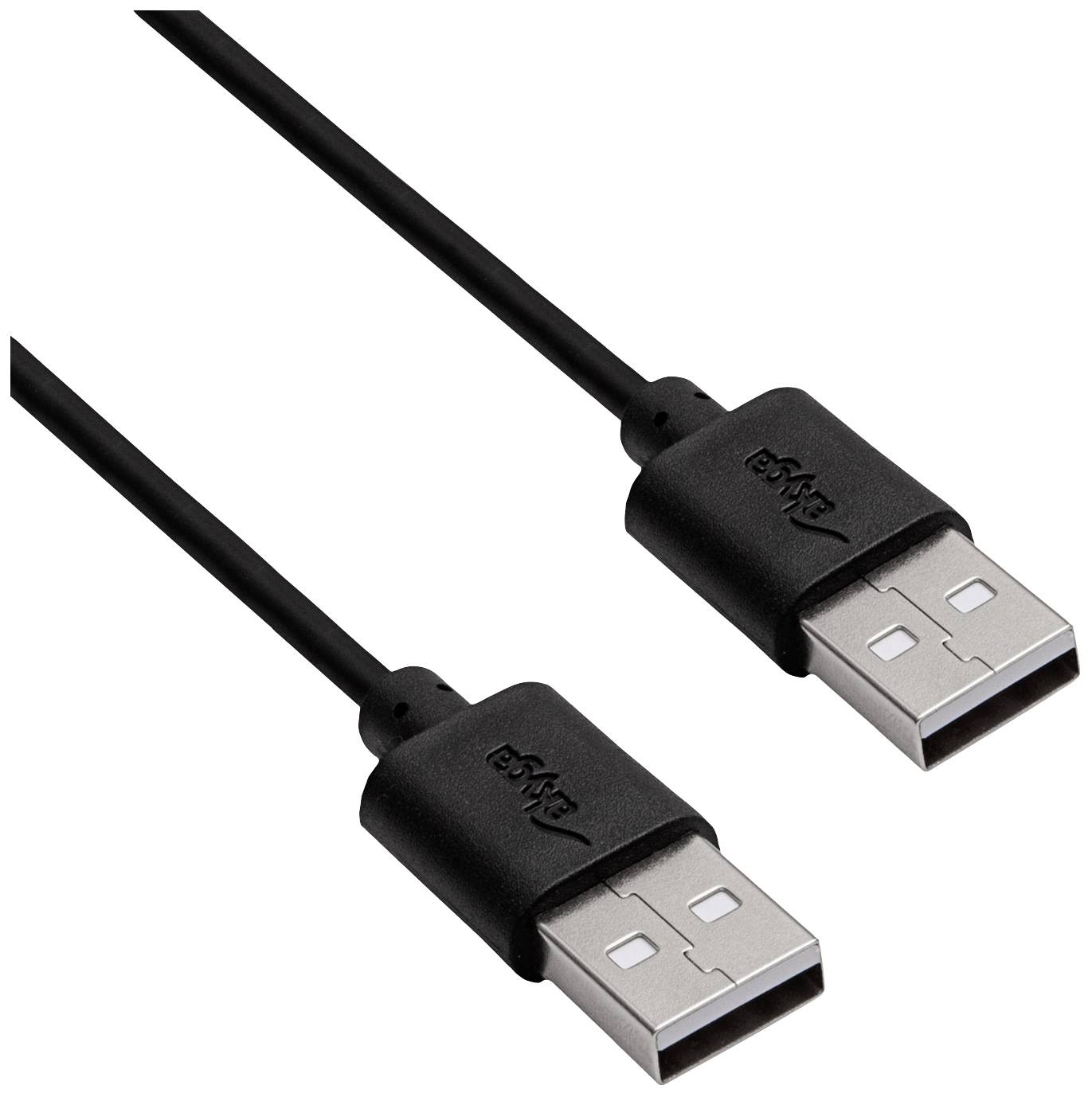 Schwarzes USB-Kabel mit zwei Steckern, geeignet für Datenübertragung und Aufladung. Beide Enden zeigen den klassischen USB-A-Typ-Stecker.