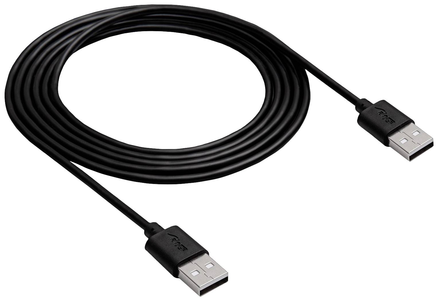 Ein langes schwarzes USB-Kabel mit USB-A Steckern an beiden Enden zur Datenübertragung oder Geräteaufladung.