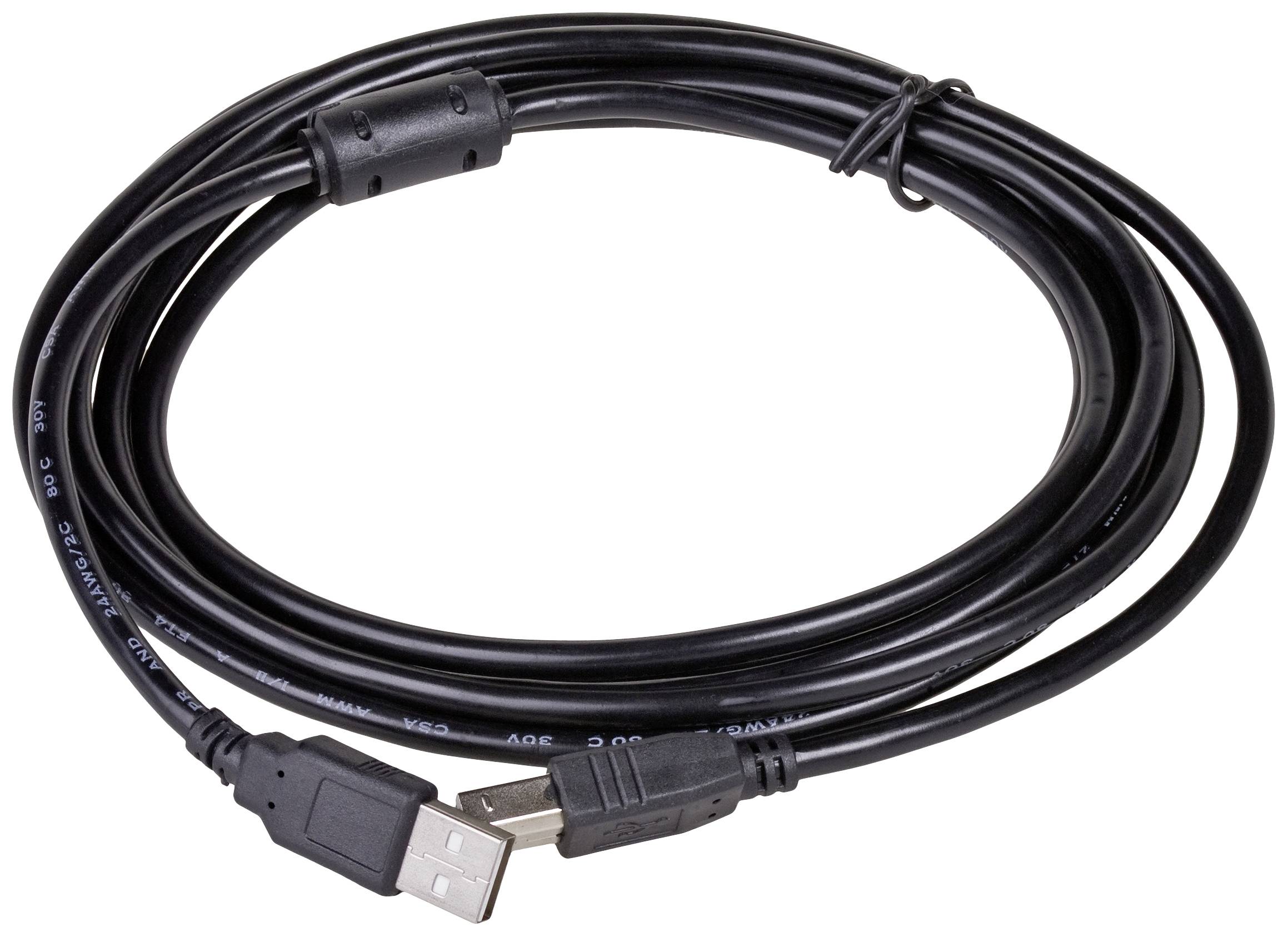 Schwarzes USB-Kabel mit Standardsteckern und Ferritkernen zur Rauschunterdrückung; geeignet für Datenübertragung und Aufladen.