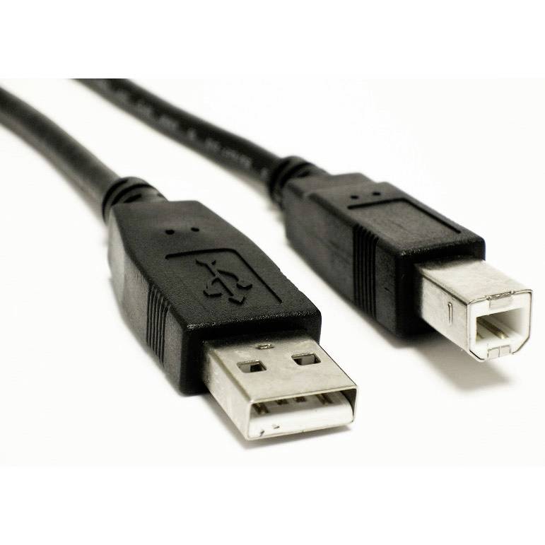 Schwarze USB-Kabel mit Standard-USB-Anschluss (links) und quadratischem USB-B-Anschluss (rechts) auf weißem Hintergrund.