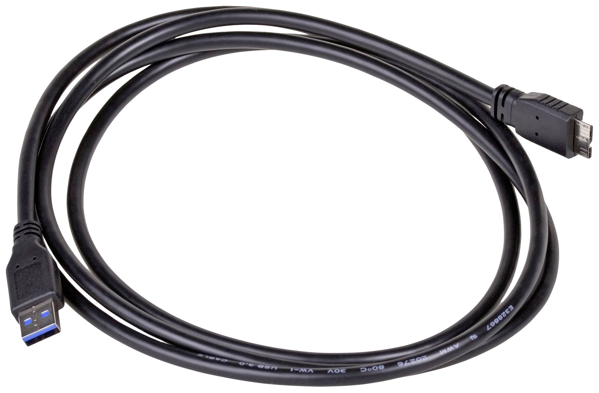 USB-Kabel, schwarzes, mit blauem USB-A-Anschluss und Micro-USB-Anschluss. Wird oft für Datenübertragung und Aufladen verwendet.