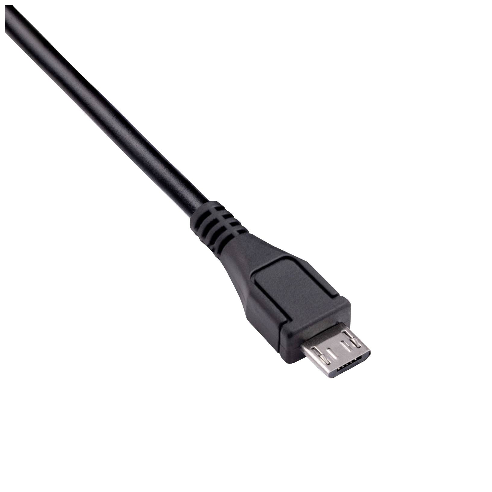 Schwarzes Micro-USB-Kabel, verwendet zum Laden von Geräten oder zur Datenübertragung.