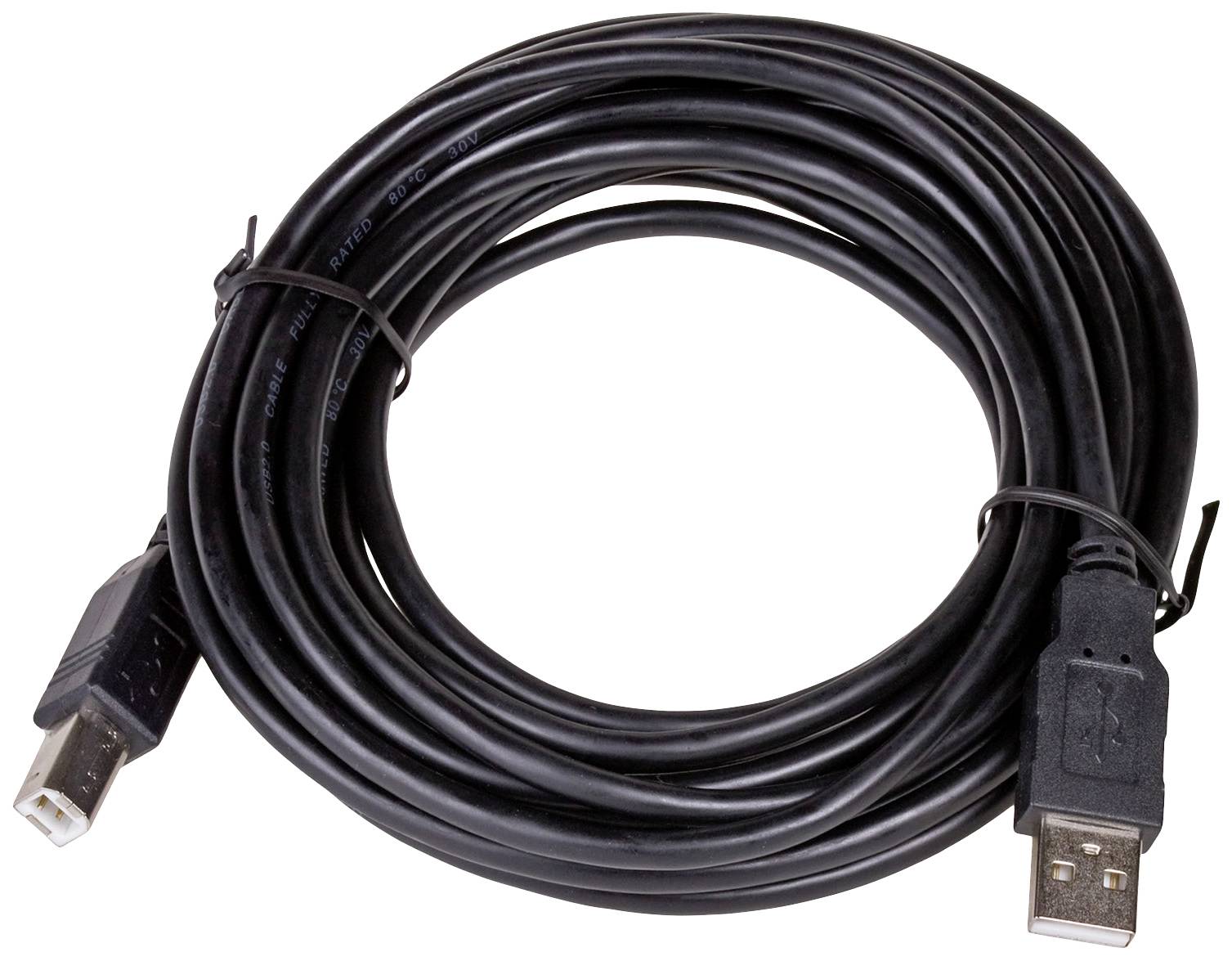 Ein schwarzes USB-Kabel mit zwei Steckern an den Enden, zur Datenübertragung oder zum Aufladen von Geräten.