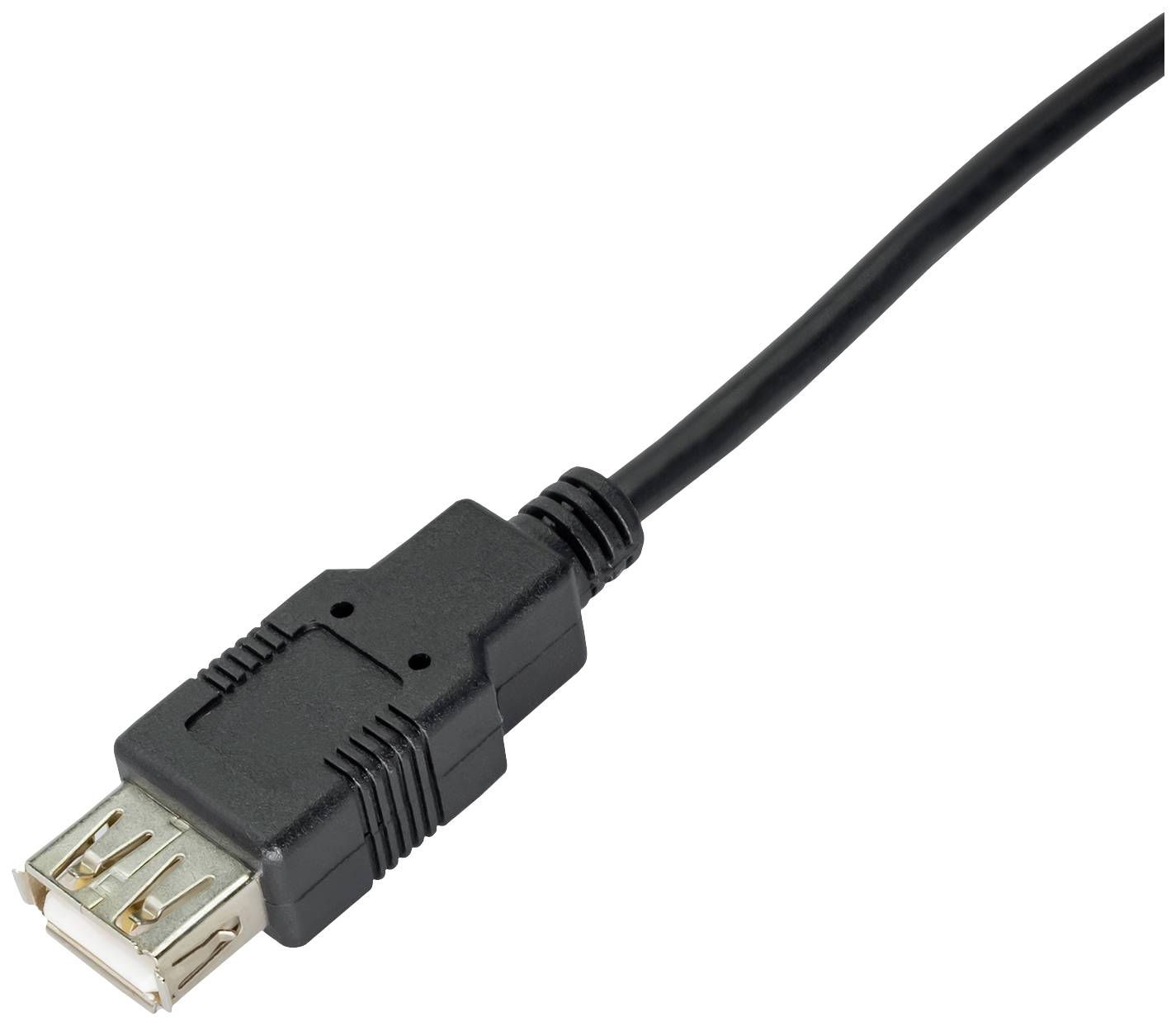 Schwarzes USB-Kabel mit weiblichem Anschluss, für Datenübertragung oder Ladezwecke in elektronischen Geräten geeignet.