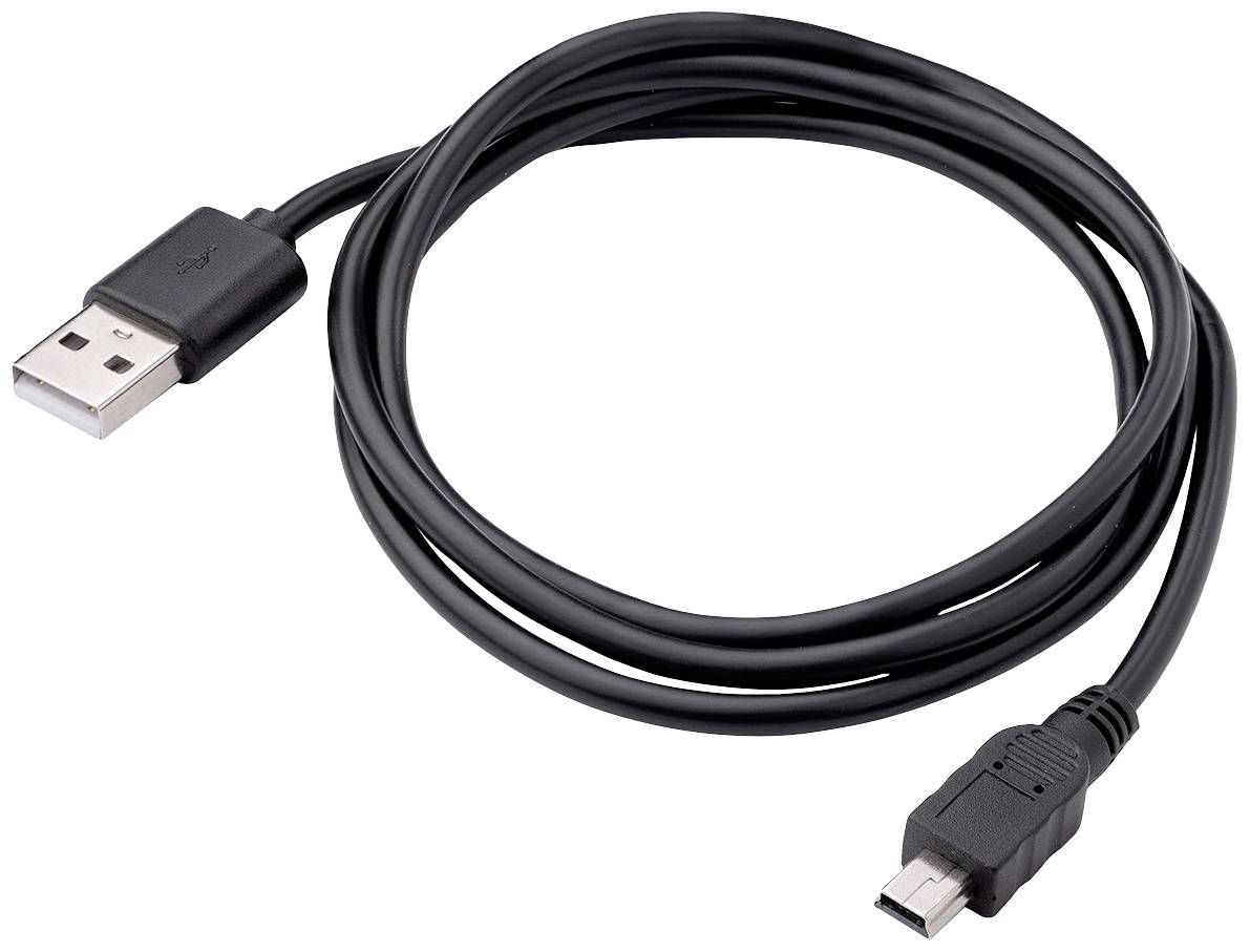 Schwarzes USB-Kabel mit Standard-USB-A-Stecker auf der einen Seite und Mini-USB-Stecker auf der anderen Seite, in einer Schleife gelegt.
