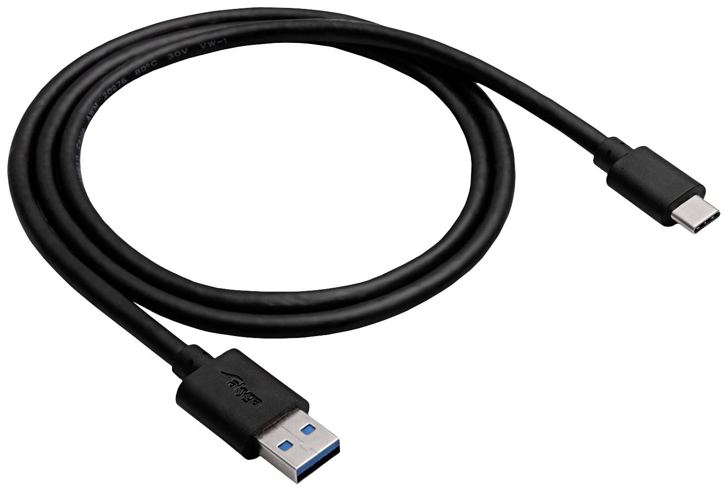 Ein schwarzes USB-Kabel mit einem USB-A-Stecker auf der einen Seite und einem USB-C-Stecker auf der anderen.