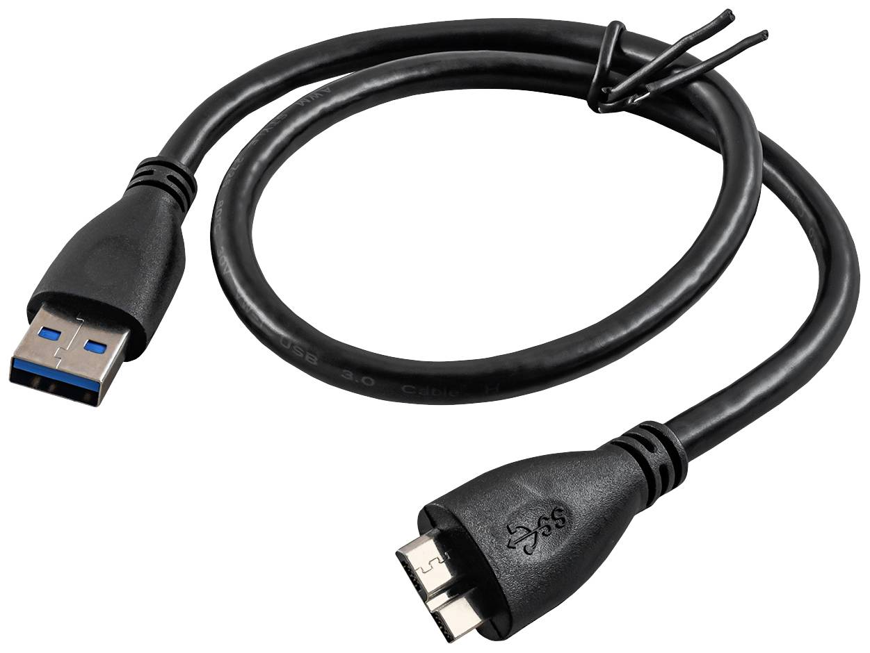 Ein schwarzes USB 3.0-Kabel mit Standard- und Micro-B-Steckern, geeignet für schnelle Datenübertragung und Aufladen von Geräten.