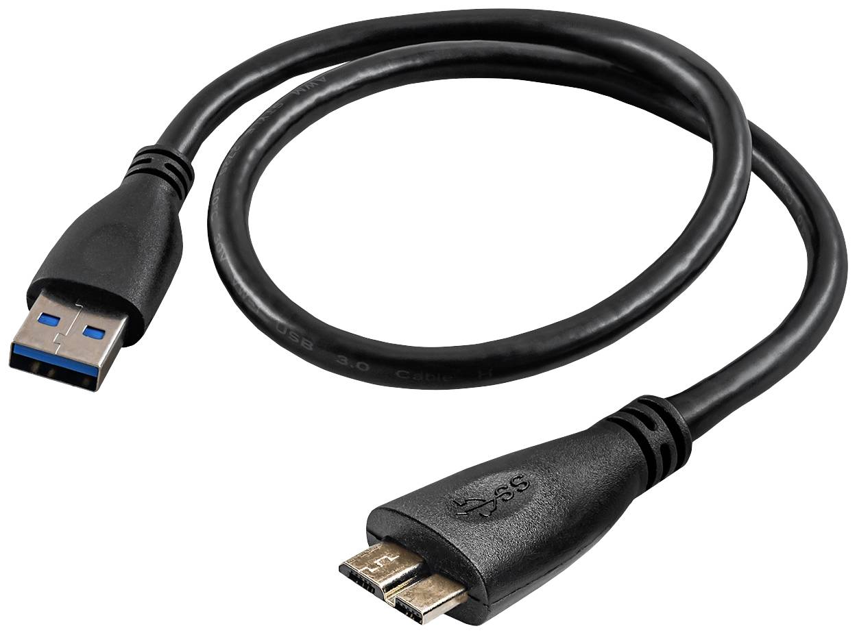 USB 3.0-Kabel mit Typ-A auf Micro-B-Anschluss. Schwarzes Kabel für schnelle Datenübertragung. Geeignet für externe Festplatten.