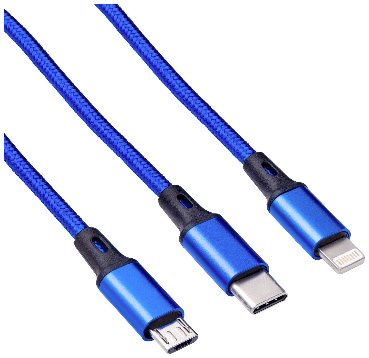 Akyga USB-Kabel USB-A Stecker, Apple Lightning Stecker, USB-C® Stecker, USB-Micro-A Stecker 1.20m Blau AK-USB-27