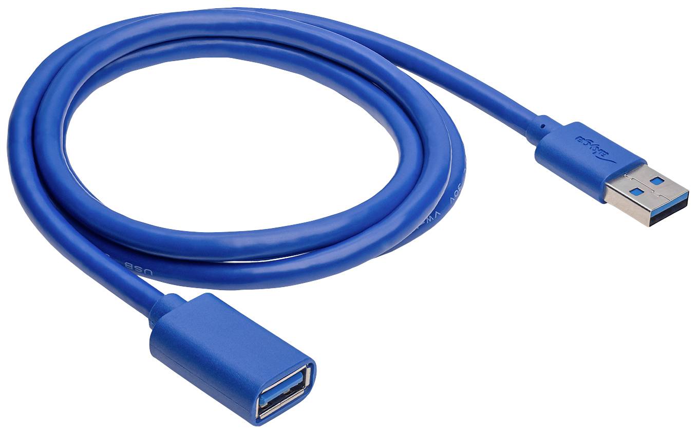 Blaues USB-Verlängerungskabel mit einem USB-A-Stecker und einer USB-A-Buchse, geeignet zur Verlängerung von USB-Verbindungen.