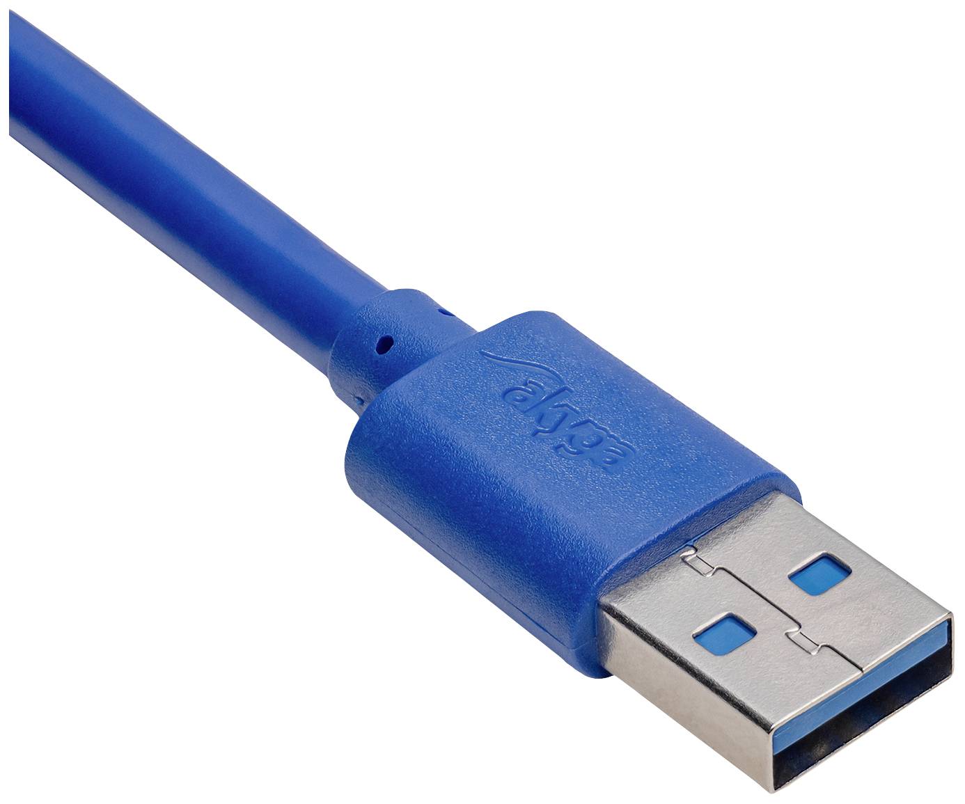 Ein blaues USB-Kabel mit einem USB-A-Stecker, das für Datenübertragung und Verbindung von Geräten verwendet wird.