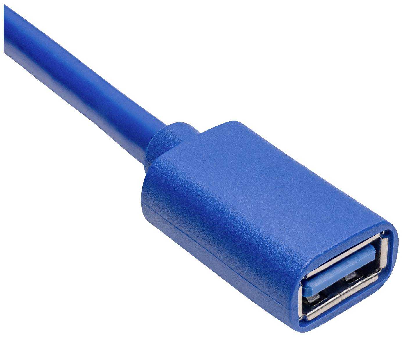 Ein blaues USB-Kabel mit USB-A-Anschluss; zeigt die Vorderansicht des Anschlusses mit freiliegendem Metallkontakt.