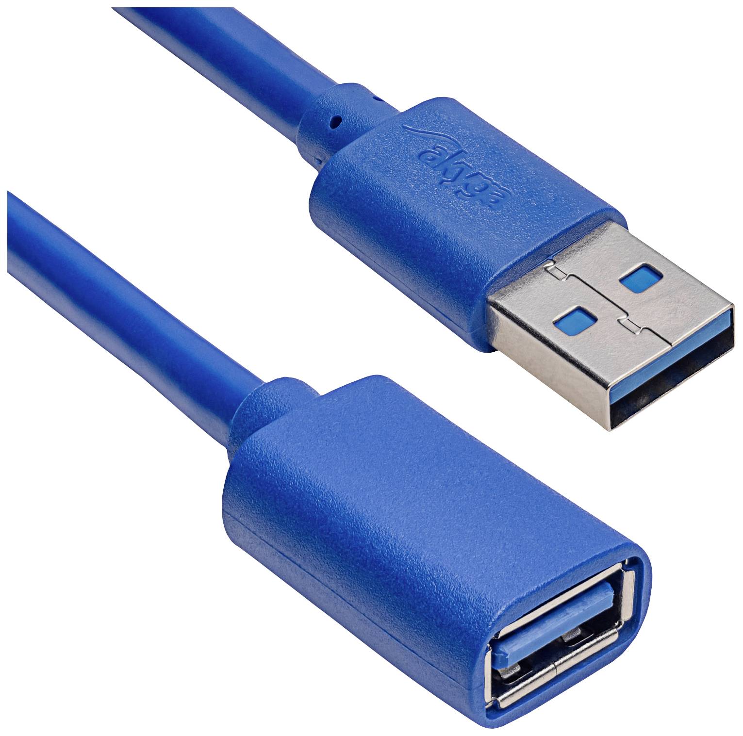 Blaues USB-Verlängerungskabel mit männlichem und weiblichem Anschluss, geeignet zur Verbindung von USB-fähigen Geräten.
