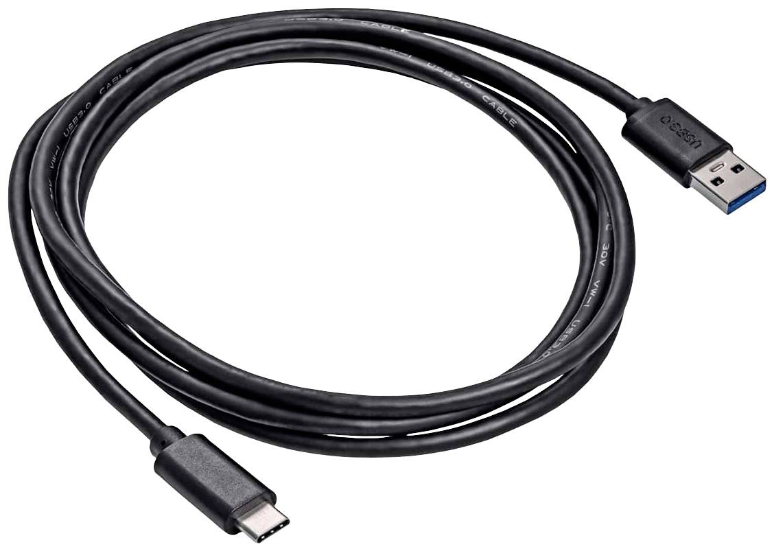 Ein schwarzes USB-Kabel mit USB-C-Stecker auf der einen und USB-A-Stecker auf der anderen Seite, aufgerollt auf einem Tisch liegend.