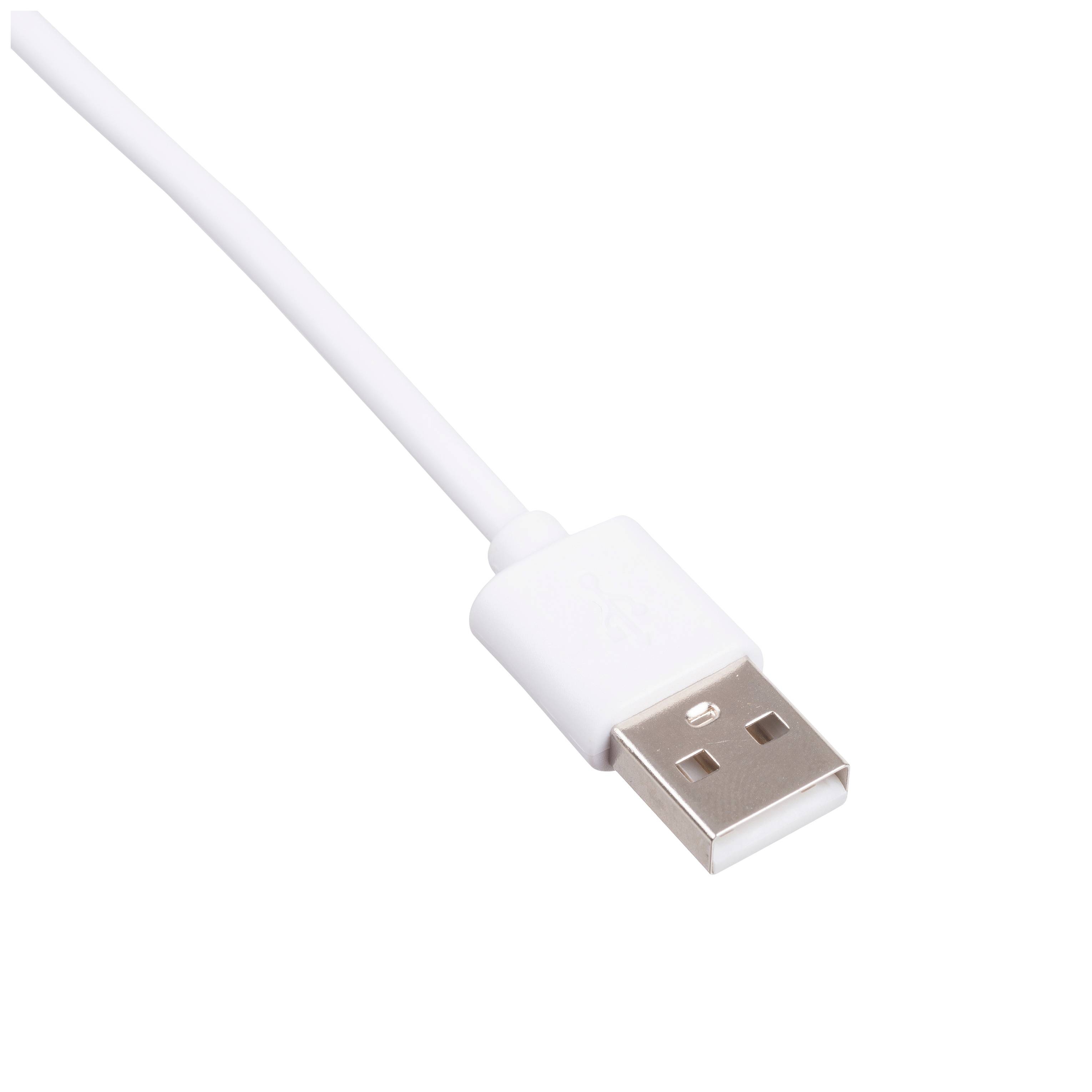 Weißes USB-Kabel, das für den Anschluss von Geräten an Computer oder Ladegeräte verwendet wird.